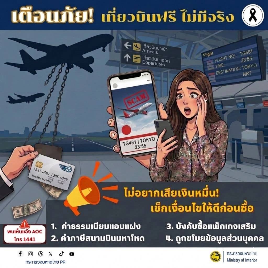  พช.โนนดินแดง  -  เตือนภัยประชาชน! มุกมิจฉาชีพ “เที่ยวบินฟรี ไม่มีจริง” เช็กให้ดีก่อนเสียเงินหมื่น